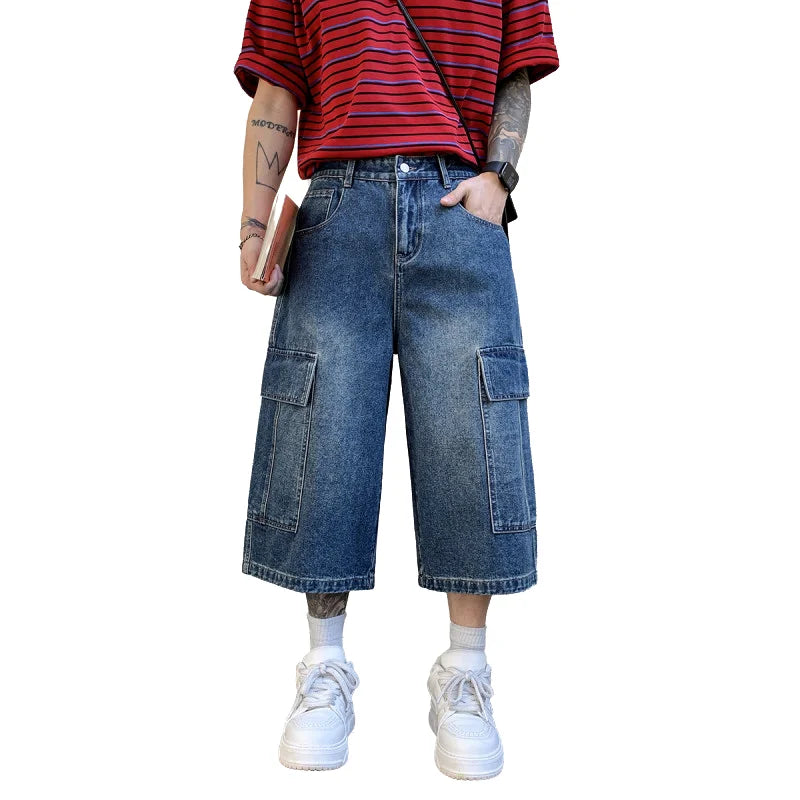 New Men's Cargo Shorts Summer Breathable Cotton Blend Casual Denim 7-Point trousers Minimalist Streetwear Urban Fashion Trousers