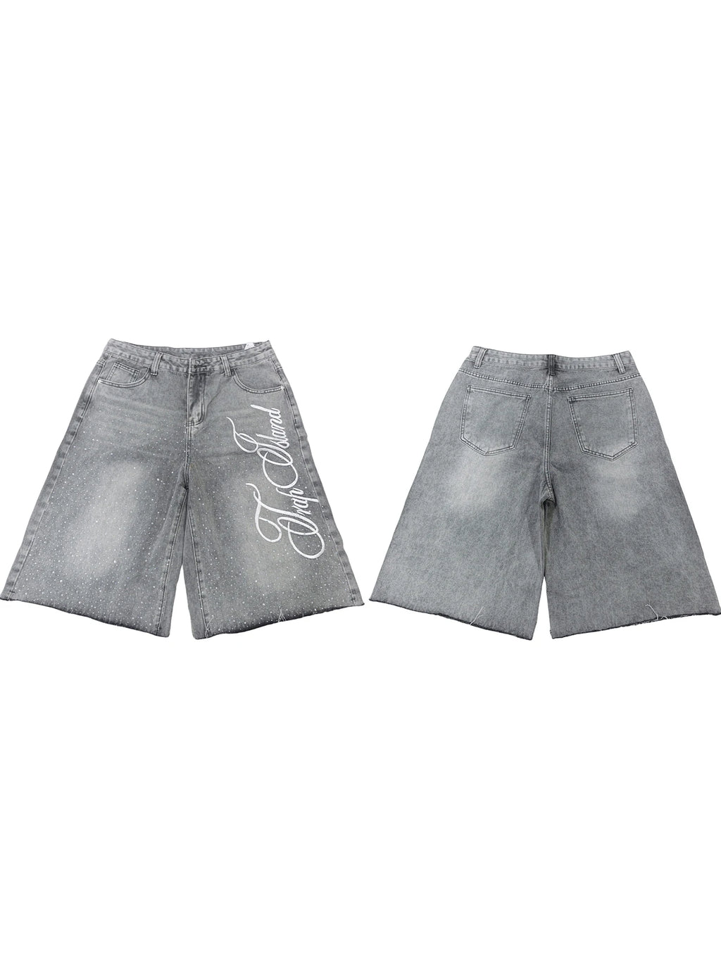 Men s Stylish Knee-Length Denim Shorts with Embroidered Logo and Rhinestone Detailing for Summer Casual Wear