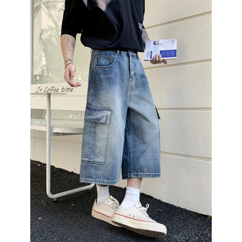 New Men's Cargo Shorts Summer Breathable Cotton Blend Casual Denim 7-Point trousers Minimalist Streetwear Urban Fashion Trousers